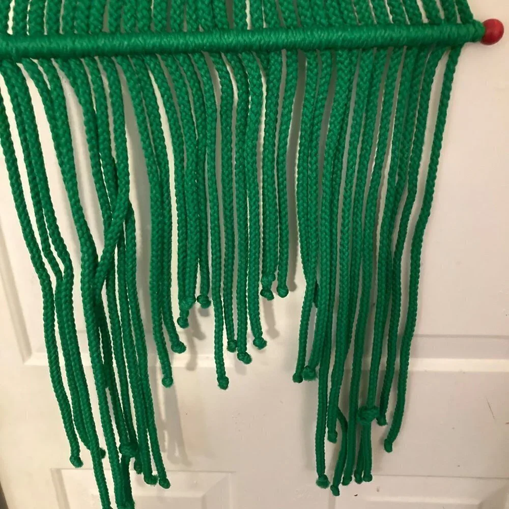 Vintage Macrame Christmas Tree Wall Hanging Beaded Green‎ Red 16 x 35